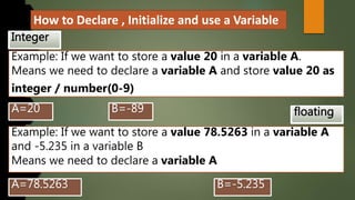 How to Declare , Initialize and use a Variable
Example: If we want to store a value 20 in a variable A.
Means we need to declare a variable A and store value 20 as
integer / number(0-9)
Example: If we want to store a value 78.5263 in a variable A
and -5.235 in a variable B
Means we need to declare a variable A
 