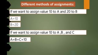 Different methods of assignments:
If we want to assign value 10 to A and 20 to B
A=10
B=20
If we want to assign value 10 to A ,B , and C
A=B=C=10
 
