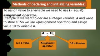 Methods of declaring and initializing variables:
To assign value to a variable we need to use (= equal)
assignment operato...