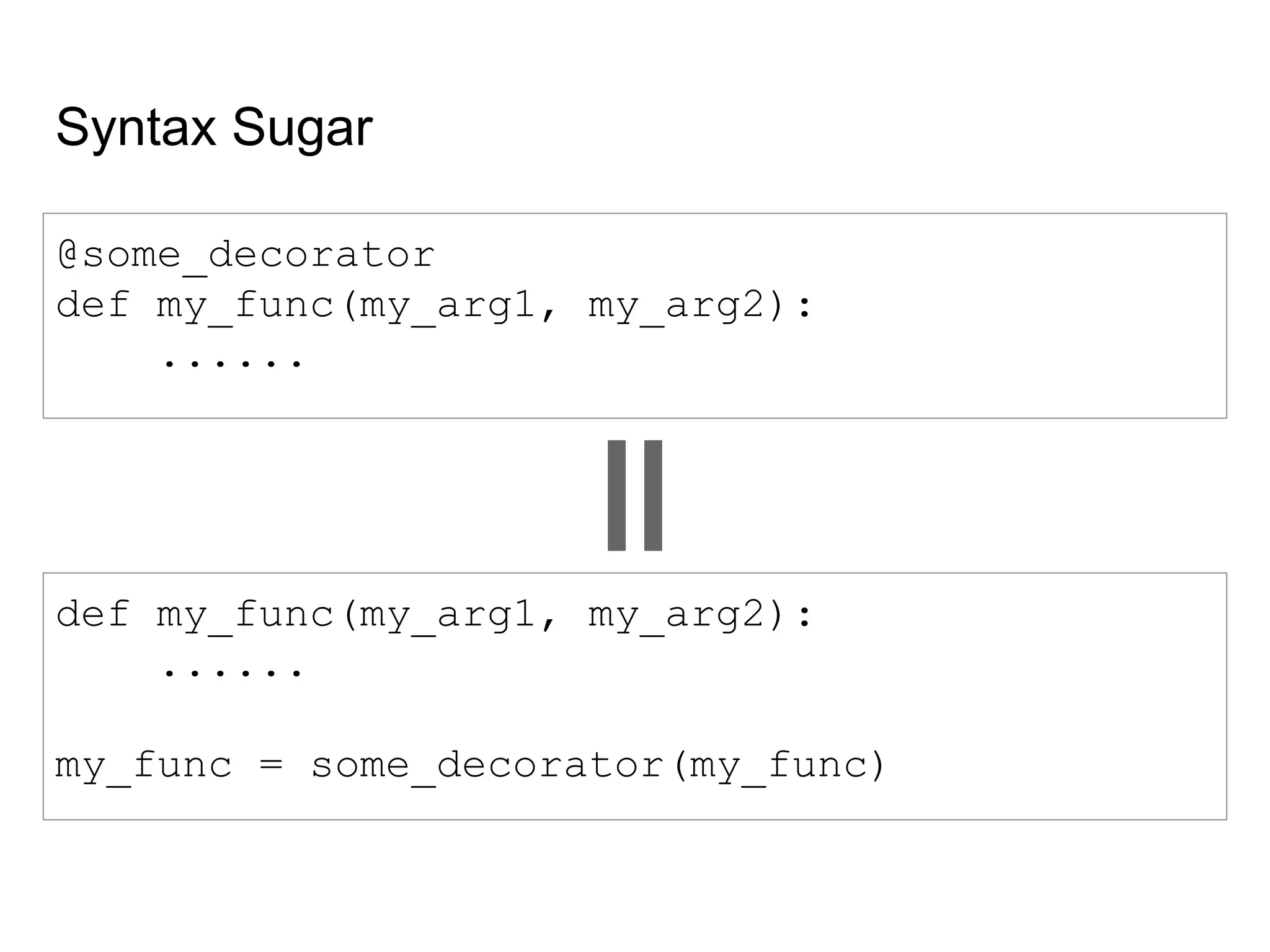 Syntax Sugar
@some_decorator
def my_func(my_arg1, my_arg2):
......
def my_func(my_arg1, my_arg2):
......
my_func = some_decorator(my_func)
 