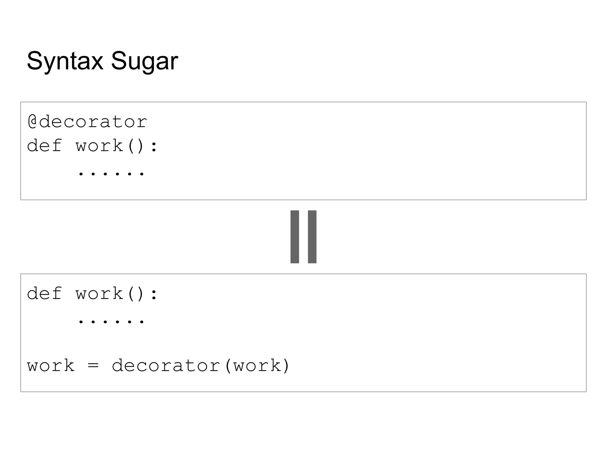 Syntax Sugar
@decorator
def work():
......
def work():
......
work = decorator(work)
 