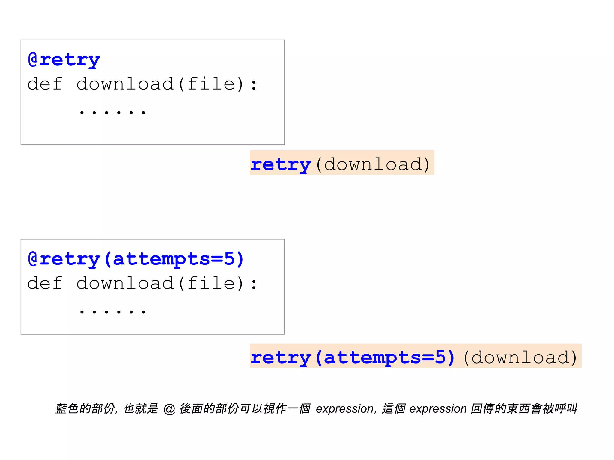 @retry
def download(file):
......
@retry(attempts=5)
def download(file):
......
retry(download)
retry(attempts=5)(download)
藍色的部份，也就是 @ 後面的部份可以視作一個 expression，這個 expression 回傳的東西會被呼叫
 
