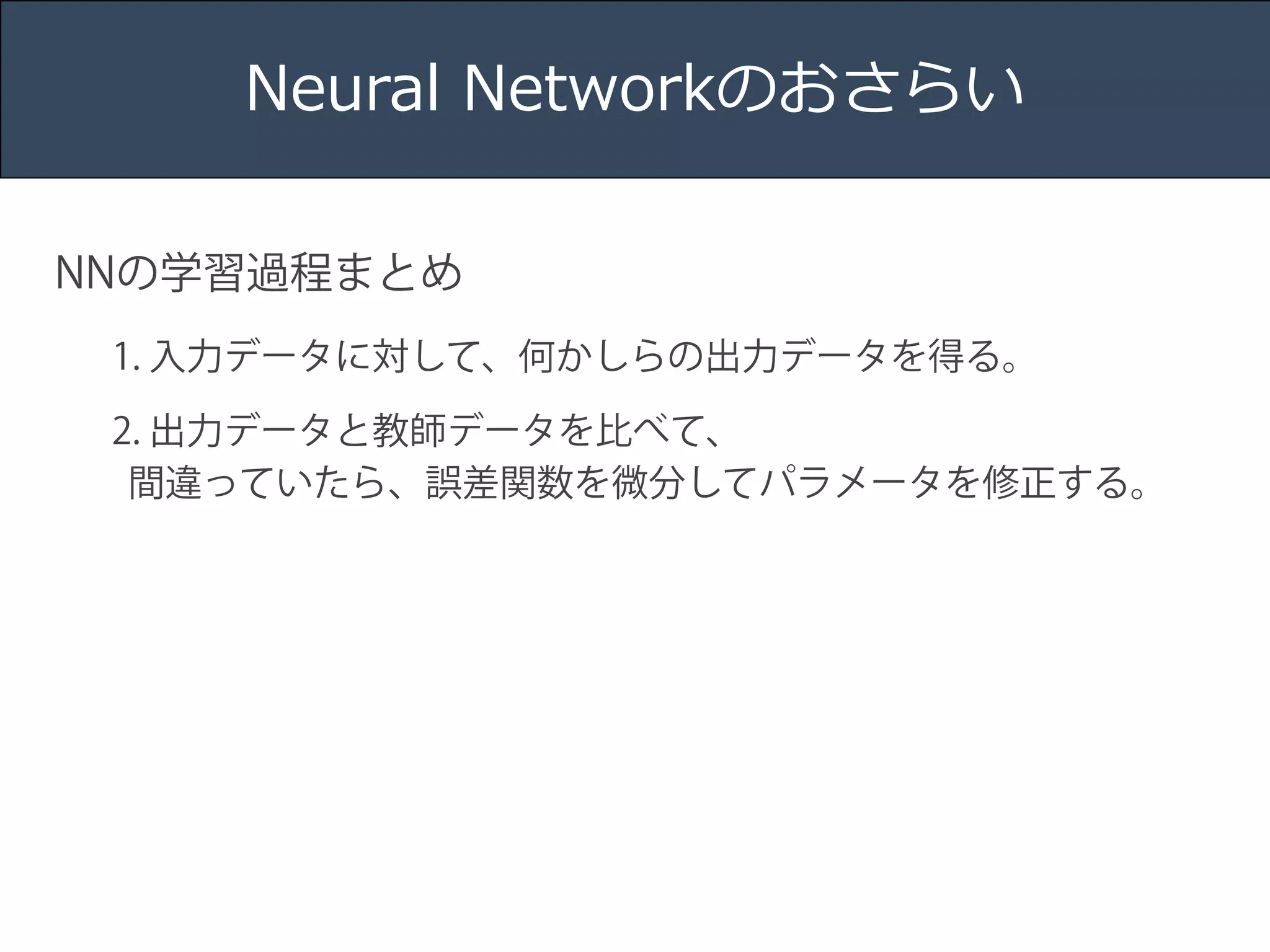 Title 
Name 
Date 
Neural Networkのおさらい 
NNの学習過程まとめ 
1. 入力データに対して、何かしらの出力データを得る。 
2. 出力データと教師データを比べて、 
間違っていたら、誤差関数を微分してパラメータを修正する。 
 