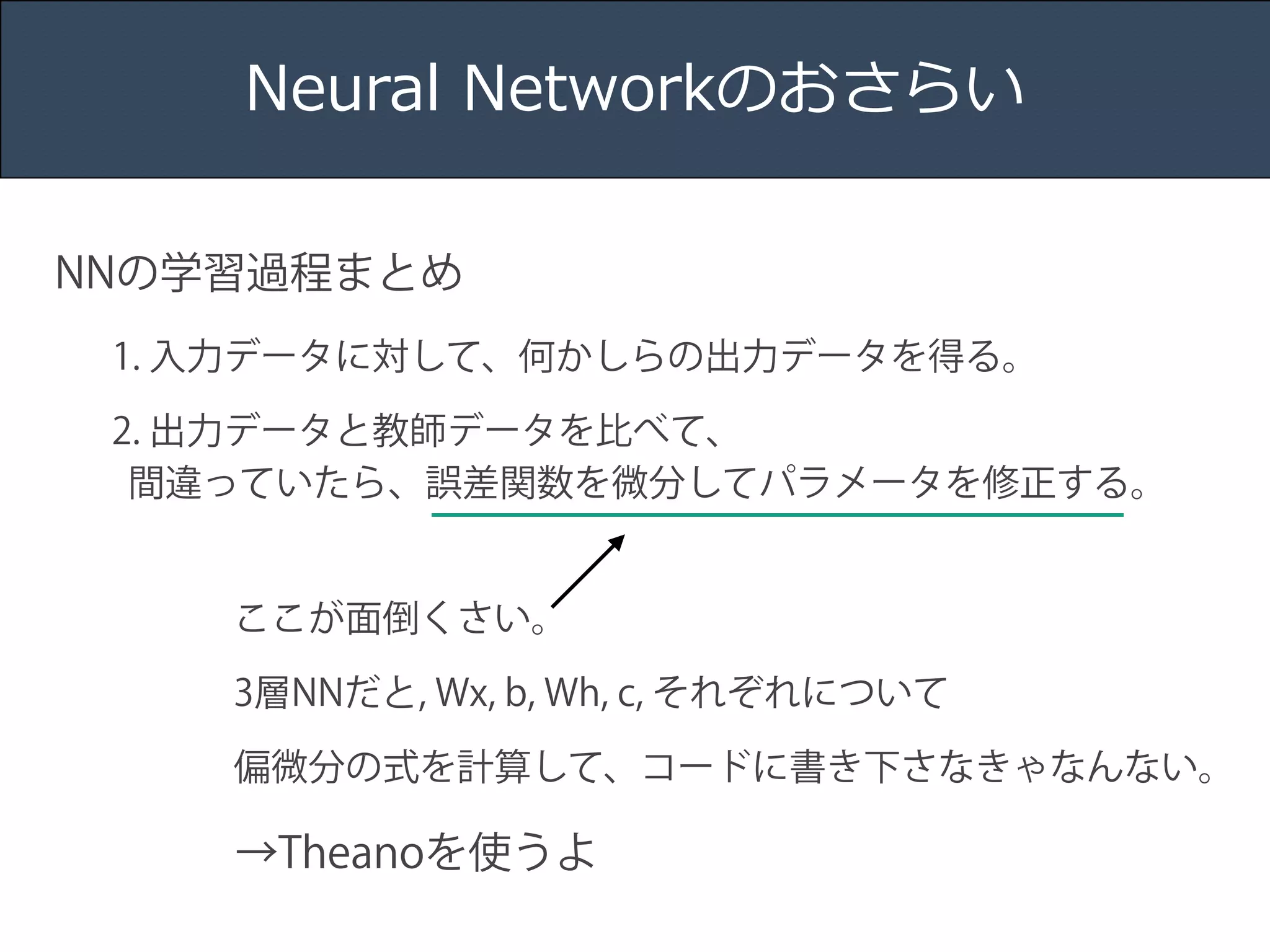Title 
Name 
Date 
Neural Networkのおさらい 
NNの学習過程まとめ 
1. 入力データに対して、何かしらの出力データを得る。 
2. 出力データと教師データを比べて、 
間違っていたら、誤差関数を微分してパラメータを修正する。 
ここが面倒くさい。 
3層NNだと, Wx, b, Wh, c, それぞれについて 
偏微分の式を計算して、コードに書き下さなきゃなんない。 
→Theanoを使うよ 
 