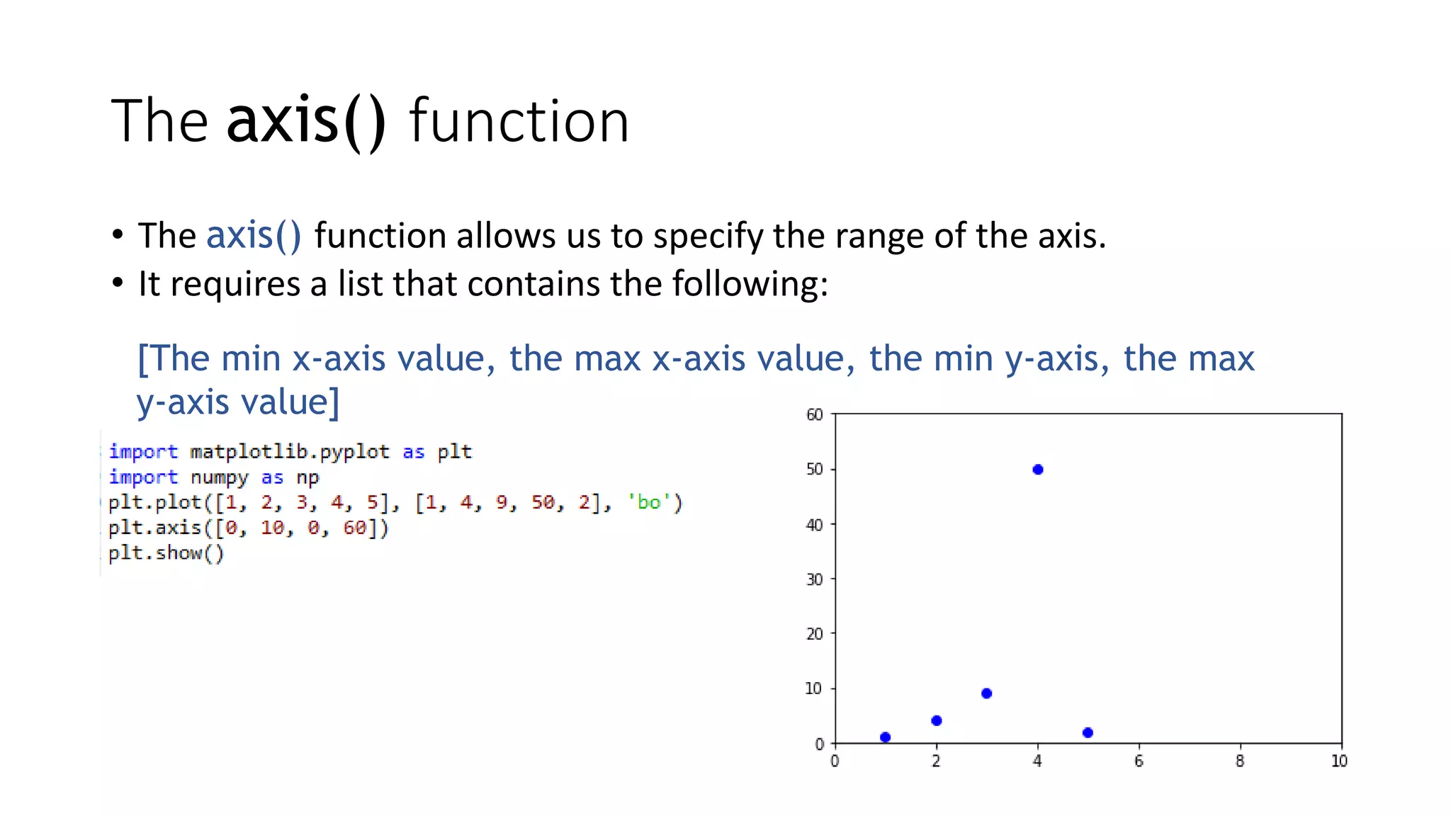 The axis() function
• The axis() function allows us to specify the range of the axis.
• It requires a list that contains the following:
[The min x-axis value, the max x-axis value, the min y-axis, the max
y-axis value]
 
