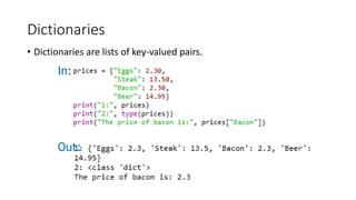 Dictionaries
• Dictionaries are lists of key-valued pairs.
In:
Out:
 