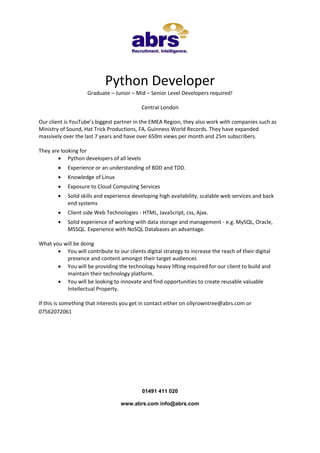 Python Developer job from @abrsRecruitment | PDF | Databases | Computer ...