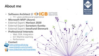 • Software Architect @
o 17+ years professional experience
• Microsoft MVP (Azure)
• External Expert: Horizon 2020
• External Expert: Eurostars-Eureka
• External Expert: InnoFund Denmark
• Professional Interests
o Web, SOA, Integration
o IoT, Machine Learning
o Performance
• Contact
ivelin.andreev@icb.bg
www.linkedin.com/in/ivelin
www.slideshare.net/ivoandreev
 