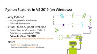  Environments, Debugging, Profiling, Intellisense, Live Share
VS Code
executables
 