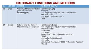 DICTIONARY FUNCTIONS AND METHODS
SN METHODS PURPOSE SYNTAX AND EXAMPLE
03. get( ) We can get the item with the
given key similar to
dictionary[key]
<dictionary>.get()
Example
>>> Subject={"Computer":"083","Informatics
Practices":"065"}
>>> Subject.get("Computer")
'083'
04. items() Returns all of the items in
the dictionary as a sequence
<dictionary>.items()
>>> Subject={"Computer":"083","Informatics
Practices":"065"}
>>>subject
>>> Subject
{'Computer': '083', 'Informatics Practices':
'065'}
>>> Mylist=Subject.items()
>>> Mylist
dict_items([('Computer', '083'), ('Informatics Practices',
'065')])
 