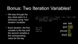 Bonus: Two Iteration Variables!
• We loop through the
key-value pairs in a
dictionary using *two*
iteration variables
• Each iteration, the first
variable is the key and
the second variable is
the corresponding
value for the key
jjj = { 'chuck' : 1 , 'fred' : 42, 'jan': 100}
for aaa,bbb in jjj.items() :
print(aaa, bbb)
jan 100
chuck 1
fred 42 [chuck] 1
[fred] 42
aaa bbb
[jan] 100
 