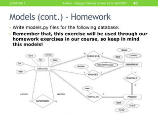 23/08/2012              Python - Django Training Course 2012 @HCMUT   40



Models (cont.) - Homework
• Write models.py fi...