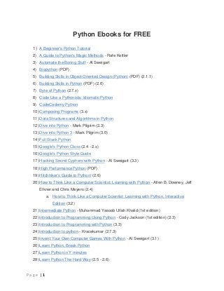 P a g e | 1
Python Ebooks for FREE
1) A Beginner's Python Tutorial
2) A Guide to Python's Magic Methods - Rafe Kettler
3) Automate the Boring Stuff - Al Sweigart
4) Biopython (PDF)
5) Building Skills in Object-Oriented Design (Python) (PDF) (2.1.1)
6) Building Skills in Python (PDF) (2.6)
7) Byte of Python (2.7.x)
8) Code Like a Pythonista: Idiomatic Python
9) CodeCademy Python
10) Composing Programs (3.x)
11) Data Structures and Algorithms in Python
12) Dive into Python - Mark Pilgrim (2.3)
13) Dive into Python 3 - Mark Pilgrim (3.0)
14) Full Stack Python
15) Google's Python Class (2.4 - 2.x)
16) Google's Python Style Guide
17) Hacking Secret Cyphers with Python - Al Sweigart (3.3)
18) High Performance Python (PDF)
19) Hitchhiker's Guide to Python! (2.6)
20) How to Think Like a Computer Scientist: Learning with Python - Allen B. Downey, Jeff
Elkner and Chris Meyers (2.4)
a. How to Think Like a Computer Scientist: Learning with Python, Interactive
Edition (3.2)
21) Intermediate Python - Muhammad Yasoob Ullah Khalid (1st edition)
22) Introduction to Programming Using Python - Cody Jackson (1st edition) (2.3)
23) Introduction to Programming with Python (3.3)
24) Introduction to python - Kracekumar (2.7.3)
25) Invent Your Own Computer Games With Python - Al Sweigart (3.1)
26) Learn Python, Break Python
27) Learn Python in Y minutes
28) Learn Python The Hard Way (2.5 - 2.6)
 