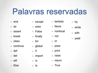 Palavras reservadas 
and 
as 
assert 
break 
class 
continue 
def 
del 
elif 
Else 
lambda 
None 
nonlocal 
not 
or 
pass 
print 
raise 
return 
True 
try 
while 
with 
yield 
except 
exec 
False 
finally 
for 
global 
if 
import 
in 
Is  