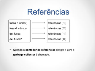 fusca = Carro() 
fusca2 = fusca 
del fusca 
del fusca2 
referências [ 1 ] 
referências [ 2 ] 
referências [ 1 ] 
referências [ 0 ] 
Referências 
Quando o contador de referências chegar a zero o garbage collector é chamado.  