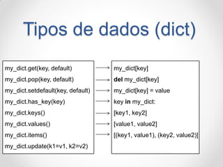 Tipos de dados (dict) 
my_dict.get(key, default) 
my_dict.pop(key, default) 
my_dict.setdefault(key, default) 
my_dict.has_key(key) 
my_dict.keys() 
my_dict.values() 
my_dict.items() 
my_dict.update(k1=v1, k2=v2) 
my_dict[key] del my_dict[key] my_dict[key] = value key in my_dict: [key1, key2] [value1, value2] [(key1, value1), (key2, value2)]  