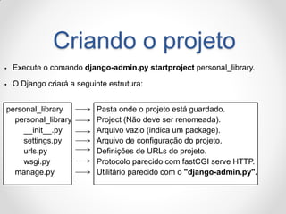 Criando o projeto 
Execute o comando django-admin.py startproject personal_library. 
O Django criará a seguinte estrutura: 
personal_library personal_library __init__.py settings.py urls.py wsgi.py manage.py 
Pasta onde o projeto está guardado. Project (Não deve ser renomeada). Arquivo vazio (indica um package). Arquivo de configuração do projeto. Definições de URLs do projeto. Protocolo parecido com fastCGI serve HTTP. Utilitário parecido com o "django-admin.py".  