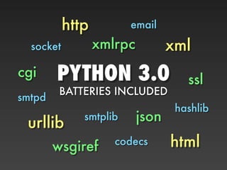 http         email

  socket          xmlrpc          xml
cgi     PYTHON 3.0                   ssl
         BATTERIES INCLUDED
smtpd
                                   hashlib
 urllib       smtplib      json

        wsgiref      codecs       html
 