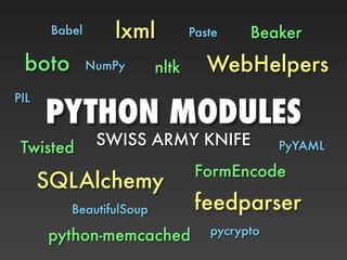 Babel      lxml           Paste    Beaker

 boto          NumPy      nltk      WebHelpers
PIL
      PYTHON MODULES
 Twisted        SWISS ARMY KNIFE               PyYAML

                                  FormEncode
      SQLAlchemy
          BeautifulSoup          feedparser
      python-memcached              pycrypto
 