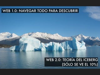 WEB 1.0: NAVEGAR TODO PARA DESCUBRIR




                    WEB 2.0: TEORÍA DEL ICEBERG
                            (SÓLO SE VE EL 10%)
 
