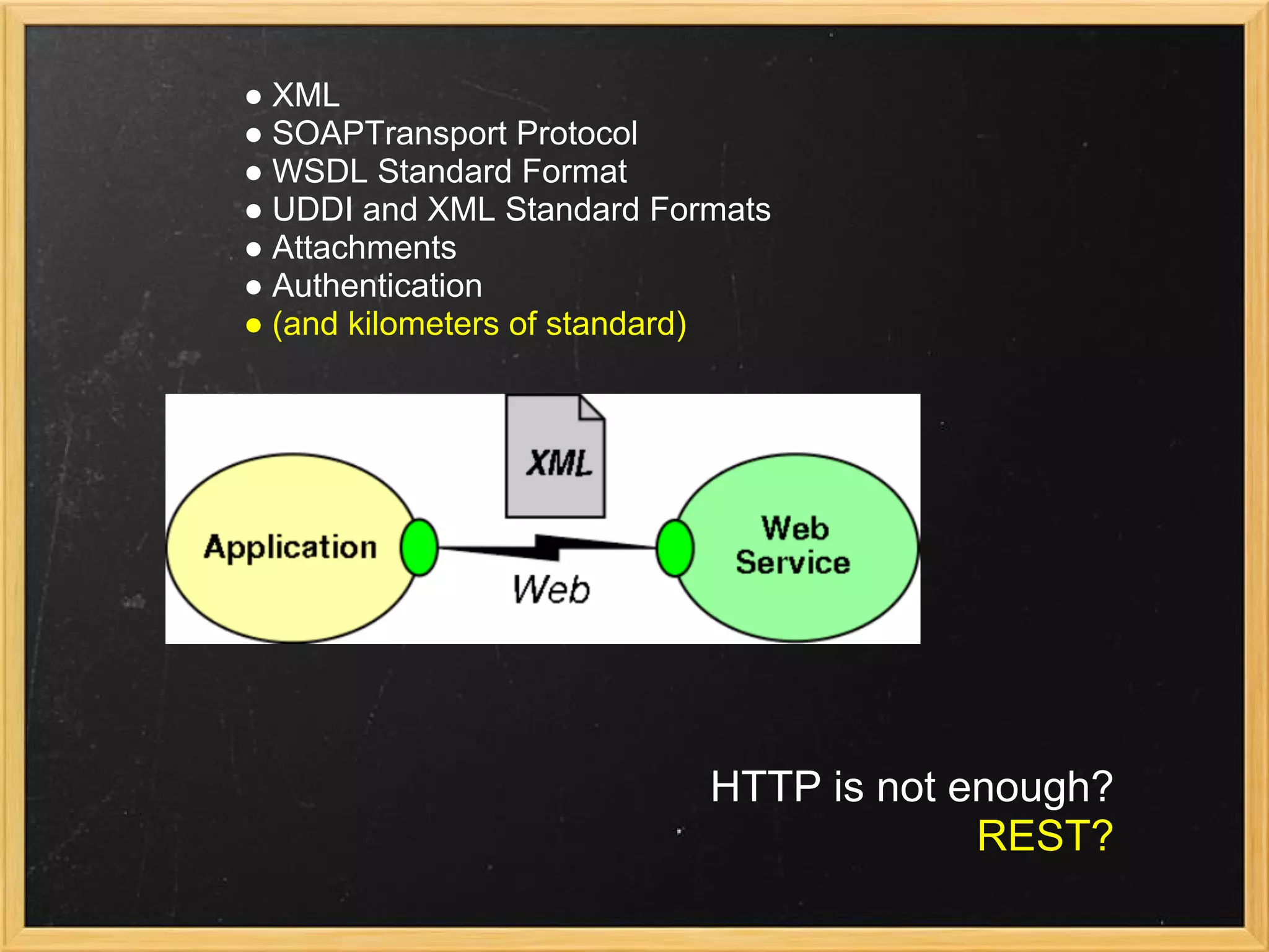 ● XML
● SOAPTransport Protocol
● WSDL Standard Format
● UDDI and XML Standard Formats
● Attachments
● Authentication
● (and kilometers of standard)
HTTP is not enough?
REST?
 