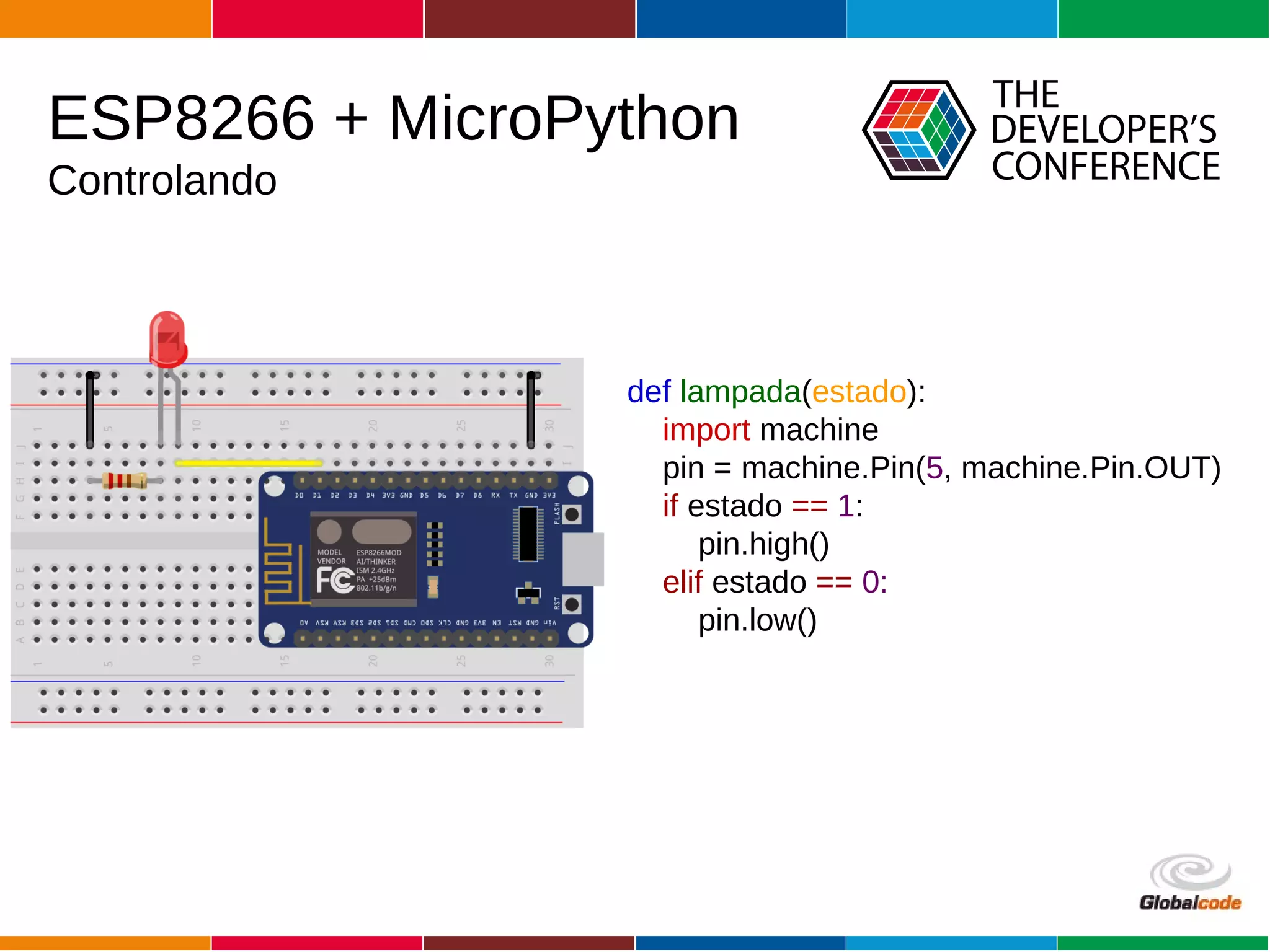Globalcode – Open4education
ESP8266 + MicroPython
Controlando
def lampada(estado):
import machine
pin = machine.Pin(5, machine.Pin.OUT)
if estado == 1:
pin.high()
elif estado == 0:
pin.low()
 