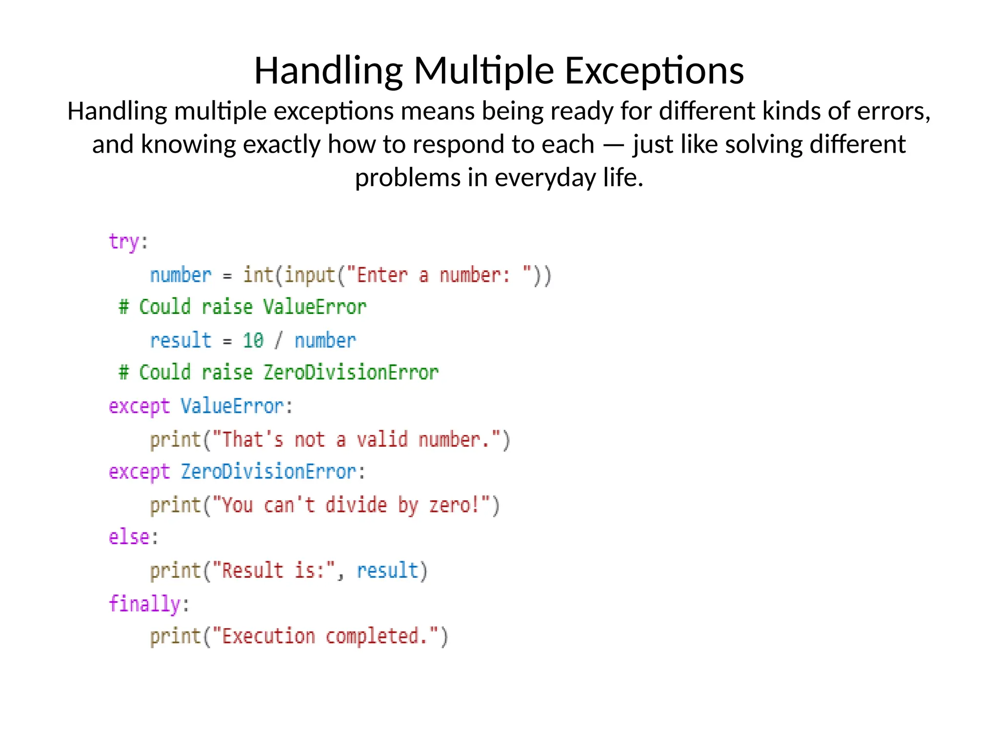 Handling Multiple Exceptions
Handling multiple exceptions means being ready for different kinds of errors,
and knowing exactly how to respond to each — just like solving different
problems in everyday life.
 