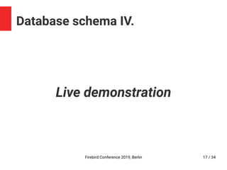 Firebird Conference 2019, Berlin 17 / 34
Database schema IV.
Live demonstration
 