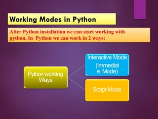 After Python installation we can start working with
python. In Python we can work in 2 ways:
Pythonworking
Ways
Interactive Mode
(Immediat
e Mode)
Script Mode
 