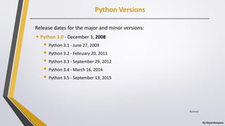 Python Versions
By Ripal Ranpara
Release dates for the major and minor versions:
Python 3.0 - December 3, 2008
 Python 3.1 - June 27, 2009
 Python 3.2 - February 20, 2011
 Python 3.3 - September 29, 2012
 Python 3.4 - March 16, 2014
 Python 3.5 - September 13, 2015
8/22/2017
 