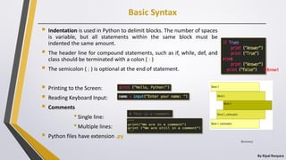 Basic Syntax
By Ripal Ranpara
 Indentation is used in Python to delimit blocks. The number of spaces
is variable, but all statements within the same block must be
indented the same amount.
 The header line for compound statements, such as if, while, def, and
class should be terminated with a colon ( : )
 The semicolon ( ; ) is optional at the end of statement.
 Printing to the Screen:
 Reading Keyboard Input:
 Comments
•Single line:
•Multiple lines:
 Python files have extension .py
Error!
8/22/2017
 