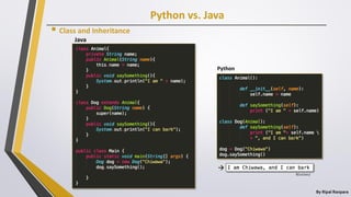 Python vs. Java
By Ripal Ranpara
 Class and Inheritance
Java
Python

8/22/2017
 