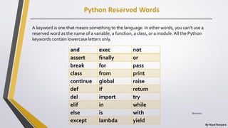 Python Reserved Words
By Ripal Ranpara
A keyword is one that means something to the language. In other words, you can’t us...