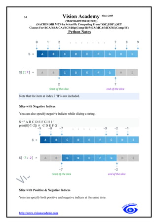 34 Vision Academy Since 2005
(9822506209/9823037693)
(SACHIN SIR MCS In Scientific Computing From ISSC,UOP ),SET
Classes For BCA/BBA(CA)/BCS/Dip(Comp/II)/MCS/MCA/MCS/BE(Comp/IT)
Python Notes
http://www.visionacademe.com
Note that the item at index 7 'H' is not included.
Slice with Negative Indices
You can also specify negative indices while slicing a string.
S = ' A B C D E F G H I '
print(S[-7:-2]) # C D E F G
Slice with Positive & Negative Indices
You can specify both positive and negative indices at the same time.
 