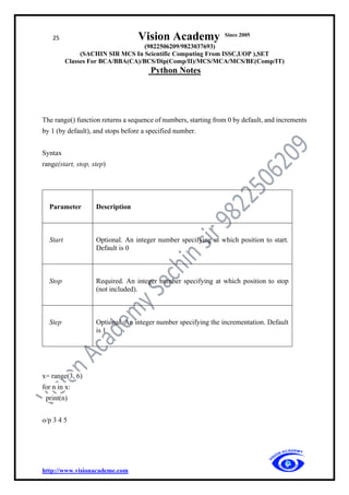 25 Vision Academy Since 2005
(9822506209/9823037693)
(SACHIN SIR MCS In Scientific Computing From ISSC,UOP ),SET
Classes For BCA/BBA(CA)/BCS/Dip(Comp/II)/MCS/MCA/MCS/BE(Comp/IT)
Python Notes
http://www.visionacademe.com
The range() function returns a sequence of numbers, starting from 0 by default, and increments
by 1 (by default), and stops before a specified number.
Syntax
range(start, stop, step)
Parameter Description
Start Optional. An integer number specifying at which position to start.
Default is 0
Stop Required. An integer number specifying at which position to stop
(not included).
Step Optional. An integer number specifying the incrementation. Default
is 1
x= range(3, 6)
for n in x:
print(n)
o/p 3 4 5
 