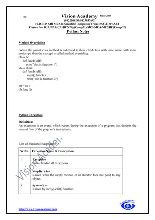 82 Vision Academy Since 2005
(9822506209/9823037693)
(SACHIN SIR MCS In Scientific Computing From ISSC,UOP ),SET
Classes For BCA/BBA(CA)/BCS/Dip(Comp/II)/MCS/MCA/MCS/BE(Comp/IT)
Python Notes
http://www.visionacademe.com
Method Overriding
When the parent class method is redefined in their child class with same name with same
prototype, then the concept is called method overriding.
class A:
def func1(self):
print("this is function 1")
class B(A):
def func1(self):
super().func1()
print("this is function 2")
ob = B()
ob.func1()
Python Exception
Definition:
An exception is an event, which occurs during the execution of a program that disrupts the
normal flow of the program's instructions.
List of Standard Exceptions −
Sr.No. Exception Name & Description
1 Exception
Base class for all exceptions
2 StopIteration
Raised when the next() method of an iterator does not point to any
object.
3 SystemExit
Raised by the sys.exit() function.
 