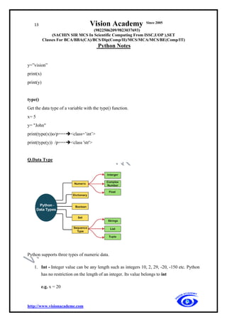 13 Vision Academy Since 2005
(9822506209/9823037693)
(SACHIN SIR MCS In Scientific Computing From ISSC,UOP ),SET
Classes For BCA/BBA(CA)/BCS/Dip(Comp/II)/MCS/MCA/MCS/BE(Comp/IT)
Python Notes
http://www.visionacademe.com
y=”vision”
print(x)
print(y)
type()
Get the data type of a variable with the type() function.
x= 5
y= "John"
print(type(x))o/p===➔<class=’int’>
print(type(y)) /p===➔<class 'str'>
Q.Data Type
Python supports three types of numeric data.
1. Int - Integer value can be any length such as integers 10, 2, 29, -20, -150 etc. Python
has no restriction on the length of an integer. Its value belongs to int
e.g. x = 20
 