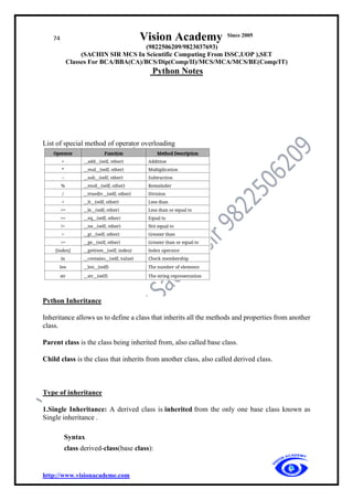 74 Vision Academy Since 2005
(9822506209/9823037693)
(SACHIN SIR MCS In Scientific Computing From ISSC,UOP ),SET
Classes For BCA/BBA(CA)/BCS/Dip(Comp/II)/MCS/MCA/MCS/BE(Comp/IT)
Python Notes
http://www.visionacademe.com
List of special method of operator overloading
Python Inheritance
Inheritance allows us to define a class that inherits all the methods and properties from another
class.
Parent class is the class being inherited from, also called base class.
Child class is the class that inherits from another class, also called derived class.
Type of inheritance
1.Single Inheritance: A derived class is inherited from the only one base class known as
Single inheritance .
Syntax
class derived-class(base class):
 