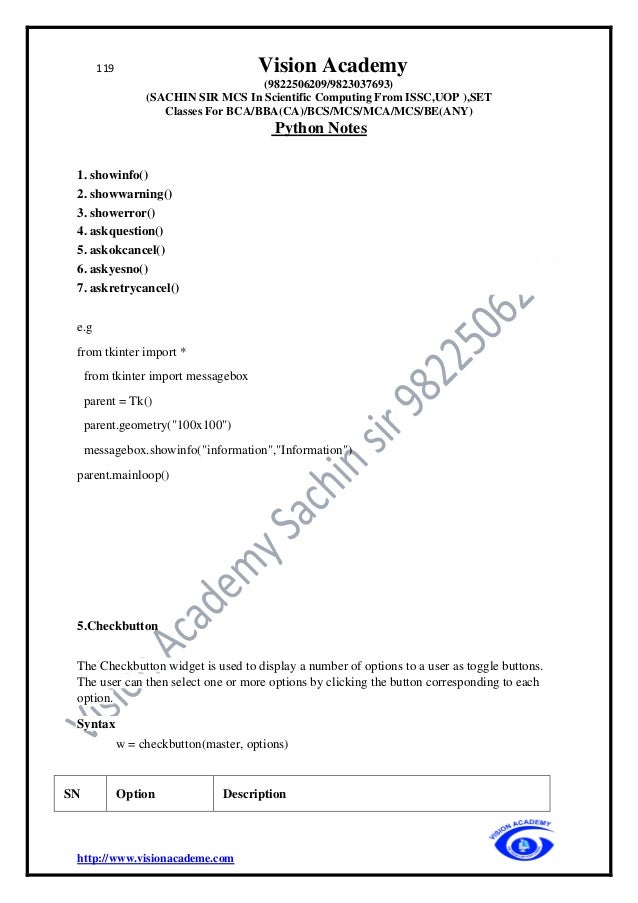 119 Vision Academy
(9822506209/9823037693)
(SACHIN SIR MCS In Scientific Computing From ISSC,UOP ),SET
Classes For BCA/BBA(CA)/BCS/MCS/MCA/MCS/BE(ANY)
Python Notes
http://www.visionacademe.com
1. showinfo()
2. showwarning()
3. showerror()
4. askquestion()
5. askokcancel()
6. askyesno()
7. askretrycancel()
e.g
from tkinter import *
from tkinter import messagebox
parent = Tk()
parent.geometry("100x100")
messagebox.showinfo("information","Information")
parent.mainloop()
5.Checkbutton
The Checkbutton widget is used to display a number of options to a user as toggle buttons.
The user can then select one or more options by clicking the button corresponding to each
option.
Syntax
w = checkbutton(master, options)
SN Option Description
 