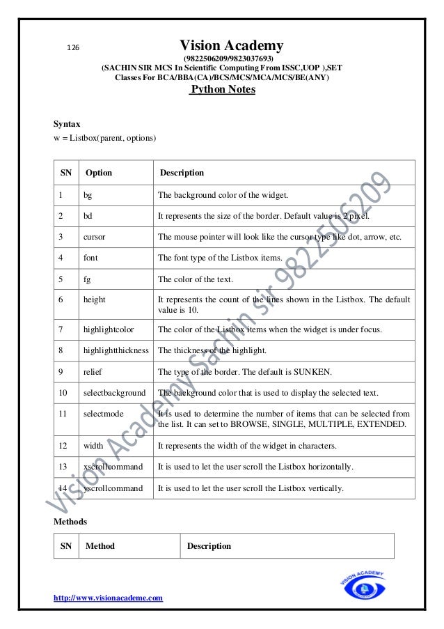 126 Vision Academy
(9822506209/9823037693)
(SACHIN SIR MCS In Scientific Computing From ISSC,UOP ),SET
Classes For BCA/BBA(CA)/BCS/MCS/MCA/MCS/BE(ANY)
Python Notes
http://www.visionacademe.com
Syntax
w = Listbox(parent, options)
SN Option Description
1 bg The background color of the widget.
2 bd It represents the size of the border. Default value is 2 pixel.
3 cursor The mouse pointer will look like the cursor type like dot, arrow, etc.
4 font The font type of the Listbox items.
5 fg The color of the text.
6 height It represents the count of the lines shown in the Listbox. The default
value is 10.
7 highlightcolor The color of the Listbox items when the widget is under focus.
8 highlightthickness The thickness of the highlight.
9 relief The type of the border. The default is SUNKEN.
10 selectbackground The background color that is used to display the selected text.
11 selectmode It is used to determine the number of items that can be selected from
the list. It can set to BROWSE, SINGLE, MULTIPLE, EXTENDED.
12 width It represents the width of the widget in characters.
13 xscrollcommand It is used to let the user scroll the Listbox horizontally.
14 yscrollcommand It is used to let the user scroll the Listbox vertically.
Methods
SN Method Description
 
