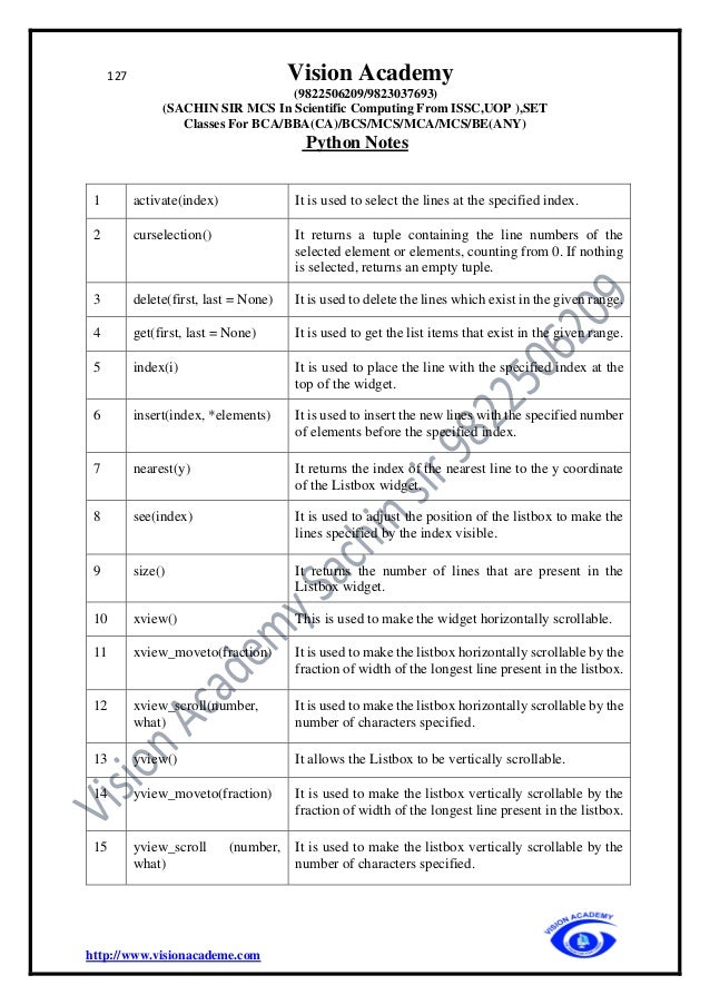 127 Vision Academy
(9822506209/9823037693)
(SACHIN SIR MCS In Scientific Computing From ISSC,UOP ),SET
Classes For BCA/BBA(CA)/BCS/MCS/MCA/MCS/BE(ANY)
Python Notes
http://www.visionacademe.com
1 activate(index) It is used to select the lines at the specified index.
2 curselection() It returns a tuple containing the line numbers of the
selected element or elements, counting from 0. If nothing
is selected, returns an empty tuple.
3 delete(first, last = None) It is used to delete the lines which exist in the given range.
4 get(first, last = None) It is used to get the list items that exist in the given range.
5 index(i) It is used to place the line with the specified index at the
top of the widget.
6 insert(index, *elements) It is used to insert the new lines with the specified number
of elements before the specified index.
7 nearest(y) It returns the index of the nearest line to the y coordinate
of the Listbox widget.
8 see(index) It is used to adjust the position of the listbox to make the
lines specified by the index visible.
9 size() It returns the number of lines that are present in the
Listbox widget.
10 xview() This is used to make the widget horizontally scrollable.
11 xview_moveto(fraction) It is used to make the listbox horizontally scrollable by the
fraction of width of the longest line present in the listbox.
12 xview_scroll(number,
what)
It is used to make the listbox horizontally scrollable by the
number of characters specified.
13 yview() It allows the Listbox to be vertically scrollable.
14 yview_moveto(fraction) It is used to make the listbox vertically scrollable by the
fraction of width of the longest line present in the listbox.
15 yview_scroll (number,
what)
It is used to make the listbox vertically scrollable by the
number of characters specified.
 