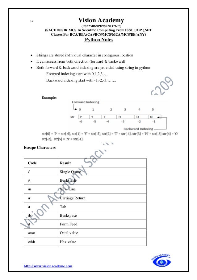 32 Vision Academy
(9822506209/9823037693)
(SACHIN SIR MCS In Scientific Computing From ISSC,UOP ),SET
Classes For BCA/BBA(CA)/BCS/MCS/MCA/MCS/BE(ANY)
Python Notes
http://www.visionacademe.com
• Strings are stored individual character in contiguous location
• It can access from both direction (forward & backward)
• Both forward & backword indexing are provided using string in python
Forward indexing start with 0,1,2,3,…
Backward indexing start with -1,-2,-3……..
Escape Characters
Code Result
' Single Quote
 Backslash
n New Line
r Carriage Return
t Tab
b Backspace
f Form Feed
ooo Octal value
xhh Hex value
 