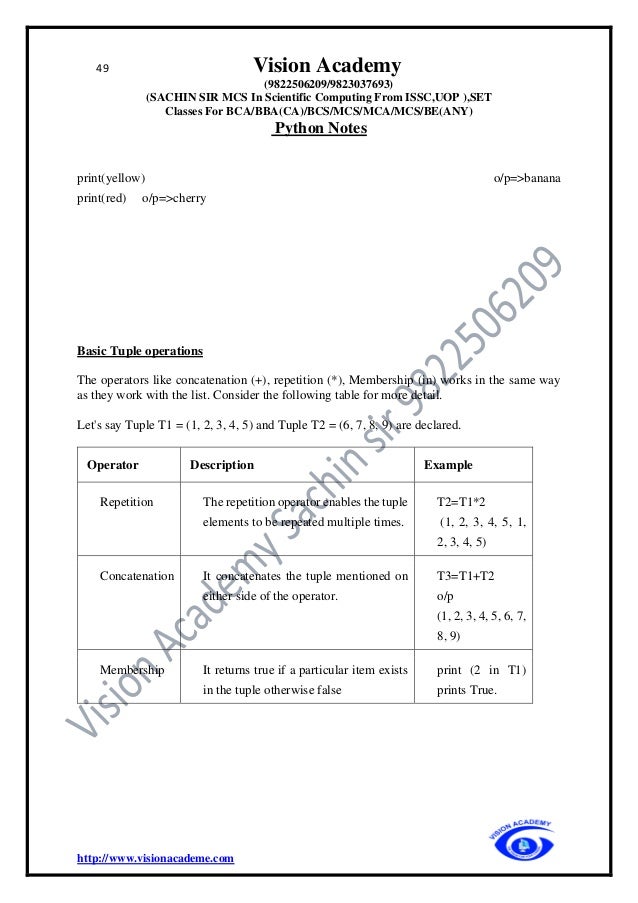 49 Vision Academy
(9822506209/9823037693)
(SACHIN SIR MCS In Scientific Computing From ISSC,UOP ),SET
Classes For BCA/BBA(CA)/BCS/MCS/MCA/MCS/BE(ANY)
Python Notes
http://www.visionacademe.com
print(yellow) o/p=>banana
print(red) o/p=>cherry
Basic Tuple operations
The operators like concatenation (+), repetition (*), Membership (in) works in the same way
as they work with the list. Consider the following table for more detail.
Let's say Tuple T1 = (1, 2, 3, 4, 5) and Tuple T2 = (6, 7, 8, 9) are declared.
Operator Description Example
Repetition The repetition operator enables the tuple
elements to be repeated multiple times.
T2=T1*2
(1, 2, 3, 4, 5, 1,
2, 3, 4, 5)
Concatenation It concatenates the tuple mentioned on
either side of the operator.
T3=T1+T2
o/p
(1, 2, 3, 4, 5, 6, 7,
8, 9)
Membership It returns true if a particular item exists
in the tuple otherwise false
print (2 in T1)
prints True.
 