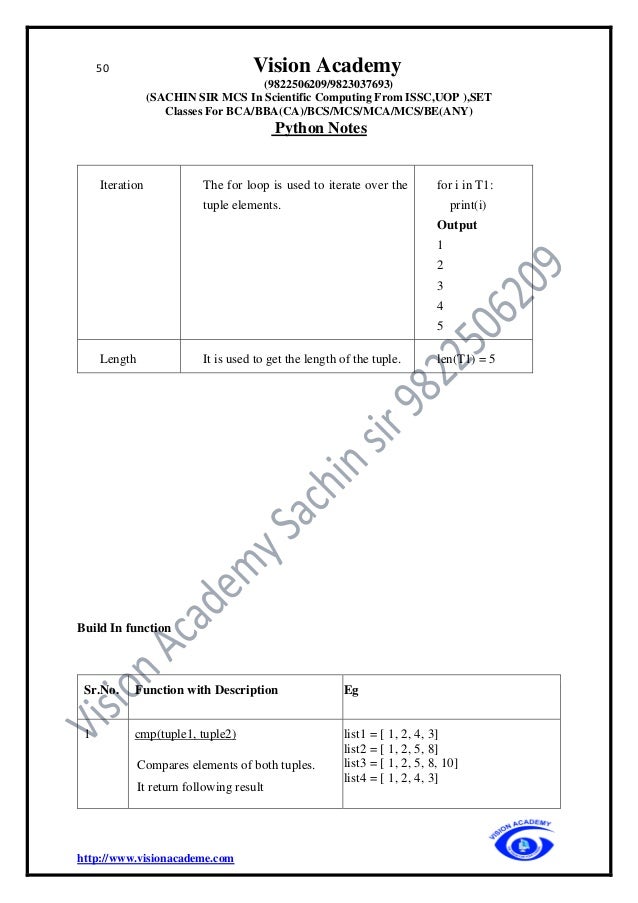 50 Vision Academy
(9822506209/9823037693)
(SACHIN SIR MCS In Scientific Computing From ISSC,UOP ),SET
Classes For BCA/BBA(CA)/BCS/MCS/MCA/MCS/BE(ANY)
Python Notes
http://www.visionacademe.com
Iteration The for loop is used to iterate over the
tuple elements.
for i in T1:
print(i)
Output
1
2
3
4
5
Length It is used to get the length of the tuple. len(T1) = 5
Build In function
Sr.No. Function with Description Eg
1 cmp(tuple1, tuple2)
Compares elements of both tuples.
It return following result
list1 = [ 1, 2, 4, 3]
list2 = [ 1, 2, 5, 8]
list3 = [ 1, 2, 5, 8, 10]
list4 = [ 1, 2, 4, 3]
 