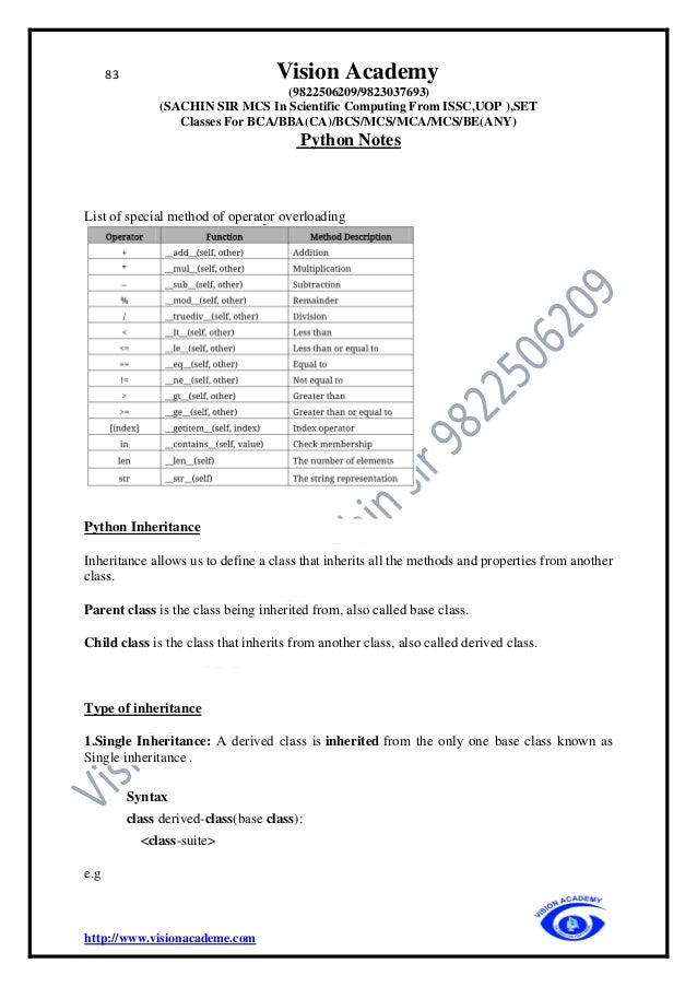 83 Vision Academy
(9822506209/9823037693)
(SACHIN SIR MCS In Scientific Computing From ISSC,UOP ),SET
Classes For BCA/BBA(CA)/BCS/MCS/MCA/MCS/BE(ANY)
Python Notes
http://www.visionacademe.com
List of special method of operator overloading
Python Inheritance
Inheritance allows us to define a class that inherits all the methods and properties from another
class.
Parent class is the class being inherited from, also called base class.
Child class is the class that inherits from another class, also called derived class.
Type of inheritance
1.Single Inheritance: A derived class is inherited from the only one base class known as
Single inheritance .
Syntax
class derived-class(base class):
<class-suite>
e.g
 