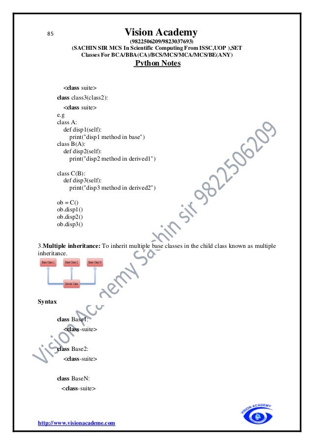 85 Vision Academy
(9822506209/9823037693)
(SACHIN SIR MCS In Scientific Computing From ISSC,UOP ),SET
Classes For BCA/BBA(CA)/BCS/MCS/MCA/MCS/BE(ANY)
Python Notes
http://www.visionacademe.com
<class suite>
class class3(class2):
<class suite>
e.g
class A:
def disp1(self):
print("disp1 method in base")
class B(A):
def disp2(self):
print("disp2 method in derived1")
class C(B):
def disp3(self):
print("disp3 method in derived2")
ob = C()
ob.disp1()
ob.disp2()
ob.disp3()
3.Multiple inheritance: To inherit multiple base classes in the child class known as multiple
inheritance.
Syntax
class Base1:
<class-suite>
class Base2:
<class-suite>
class BaseN:
<class-suite>
 
