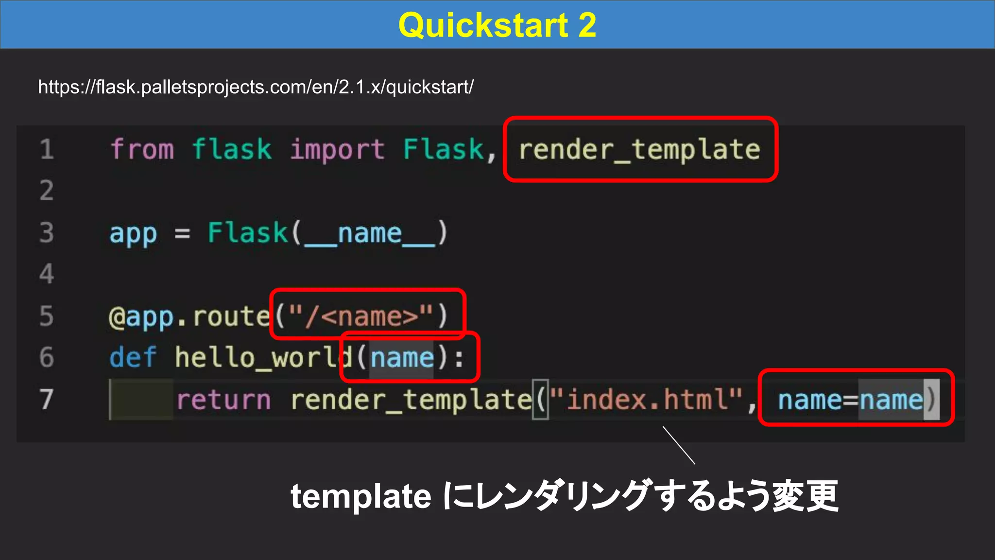 Quickstart 2 https://flask.palletsprojects.com/en/2.1.x/quickstart/ template にレンダリングするよう変更 