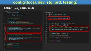 config（local, dev, stg, prd, testing）
各環境の config を用意する一例
 