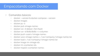 Copyright 2015 Google Inc
• Comandos básicos:
• docker --version & docker-compose --version
• docker images
• docker ps -a
• docker pull <image-name>
• docker run -it debian /bin/bash
• docker run -d 8080:8080 -v <volume>
• docker push <user>/<image-name>
• docker save <image-name> > /var/company/<image-name>.tar
• docker load < /var/company/<image-name>.tar
• docker image rm <image-id>
• docker rm <container-id>
• docker inspect <container-name>
Empacotando com Docker
 