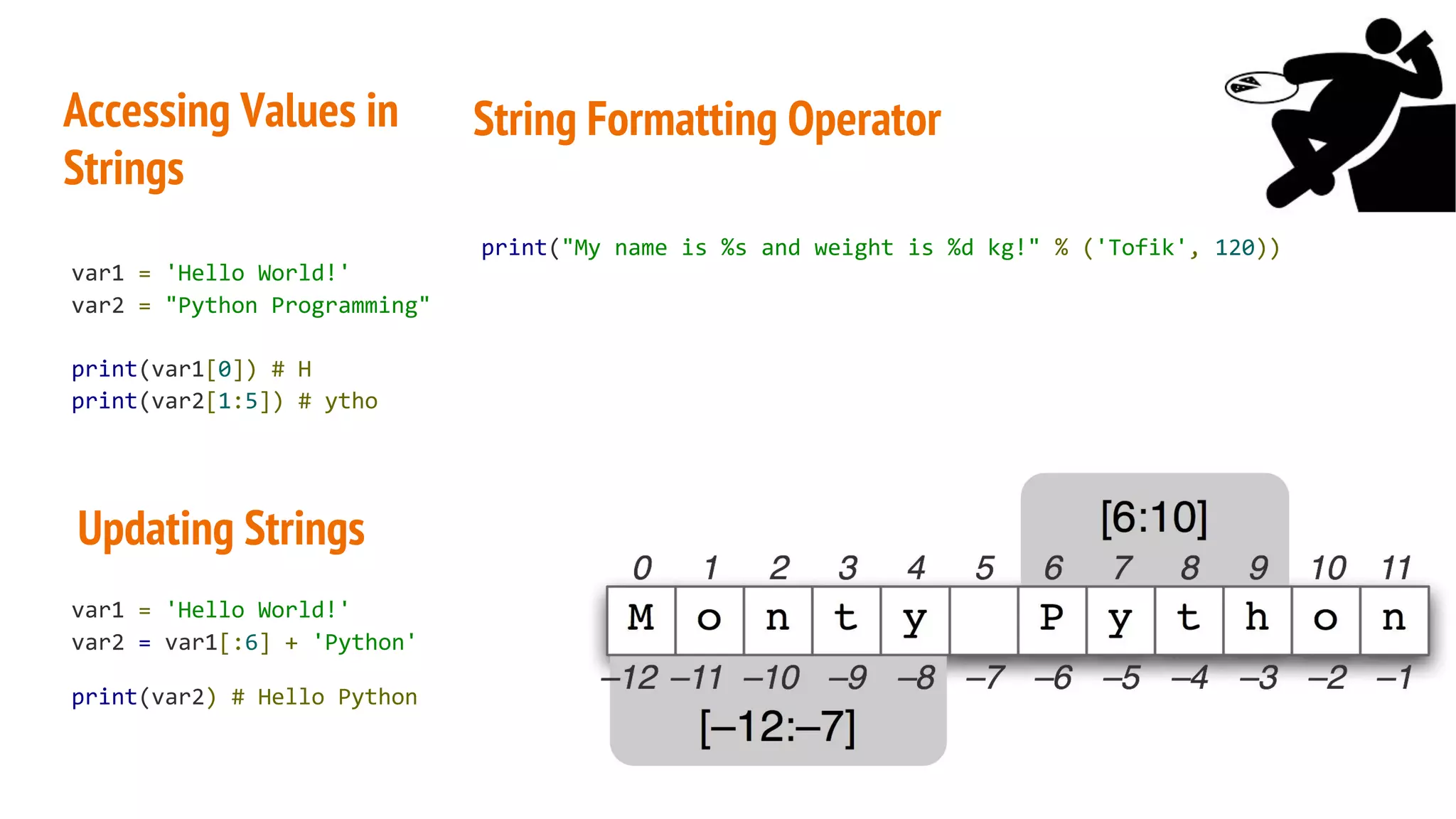 Accessing Values in
Strings
var1 = 'Hello World!'
var2 = "Python Programming"
print(var1[0]) # H
print(var2[1:5]) # ytho
Updating Strings
var1 = 'Hello World!'
var2 = var1[:6] + 'Python'
print(var2) # Hello Python
String Formatting Operator
print("My name is %s and weight is %d kg!" % ('Tofik', 120))
 